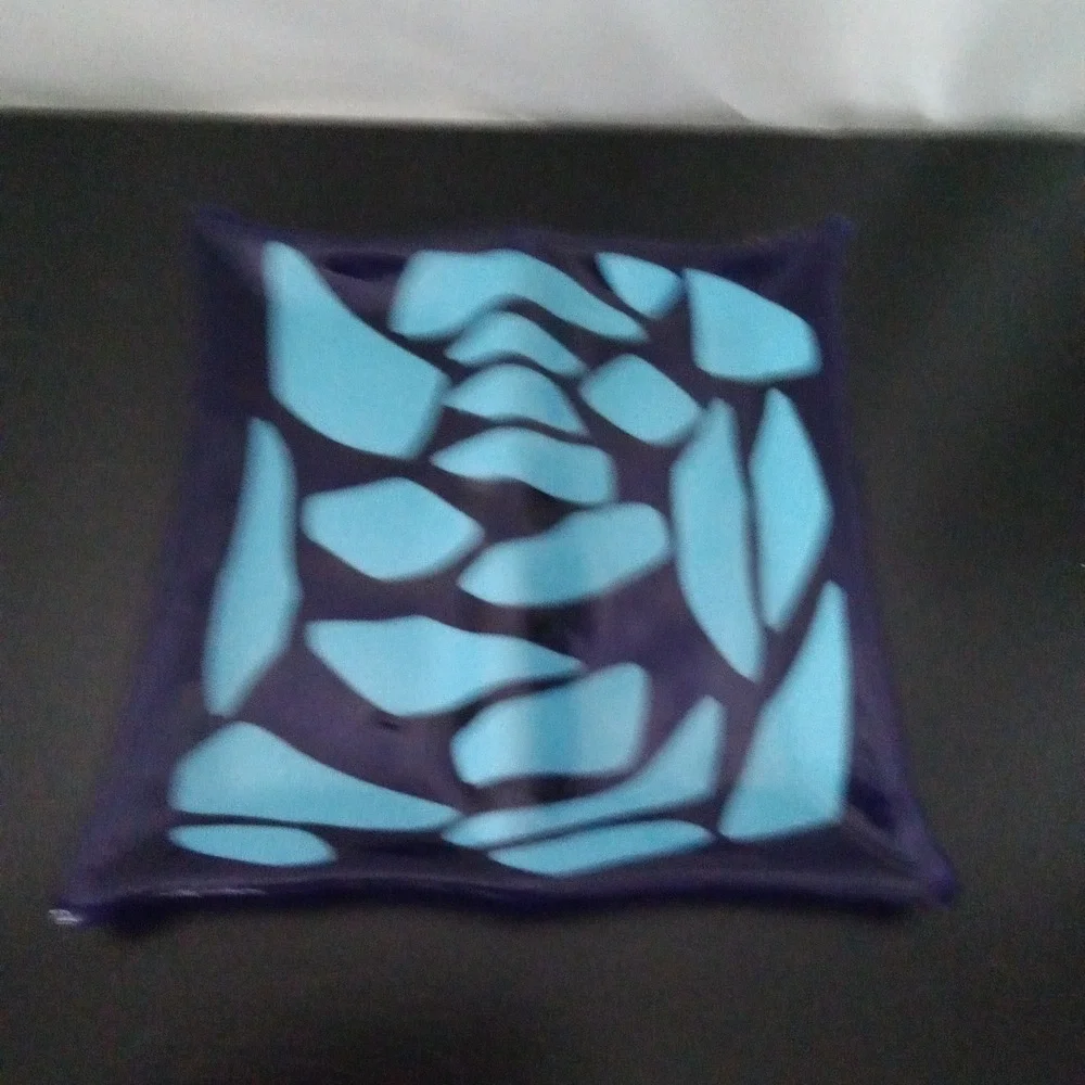 Artisan Fused Glass Square Decorative Bowl Cobalt Blue Turquoise Abstract Mosaic